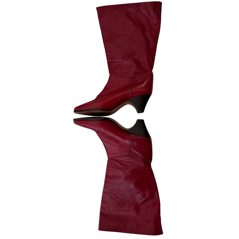 Vintage Allure Red Italian Leather Tall Slouch Kitten Heel Boots Italy Size 7.5